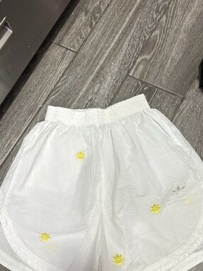 adidas White Athletic baggy Shorts with Yellow Sun Embroidery